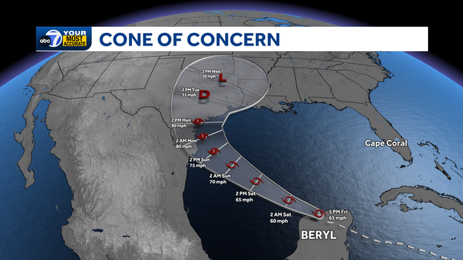 Beryl Cone of Concern 5PM Advisory 7-5-24