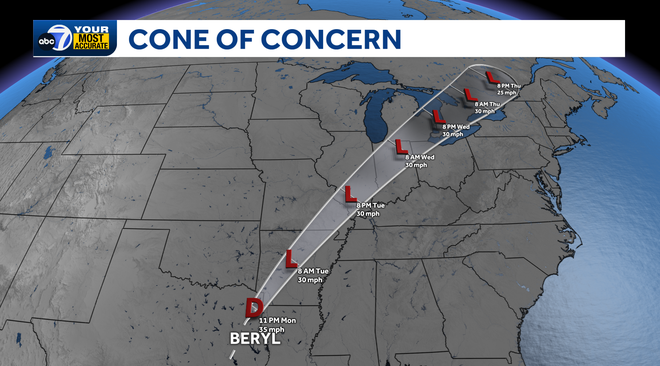 Beryl Cone of Concern 11PM Advisory 7-8-24