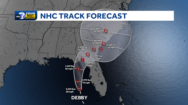 NHC Track Forecast: Tropical Storm Debbie 8-4-24
