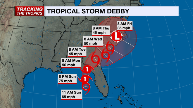 Tropical Storm Debby forecast track.