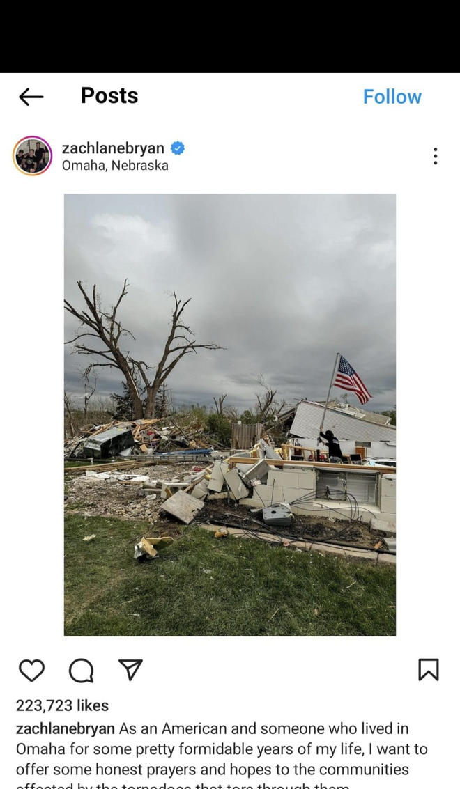 Zach Bryan ayuda a la comunidad de Elkhorn a limpiar los daños del tornado