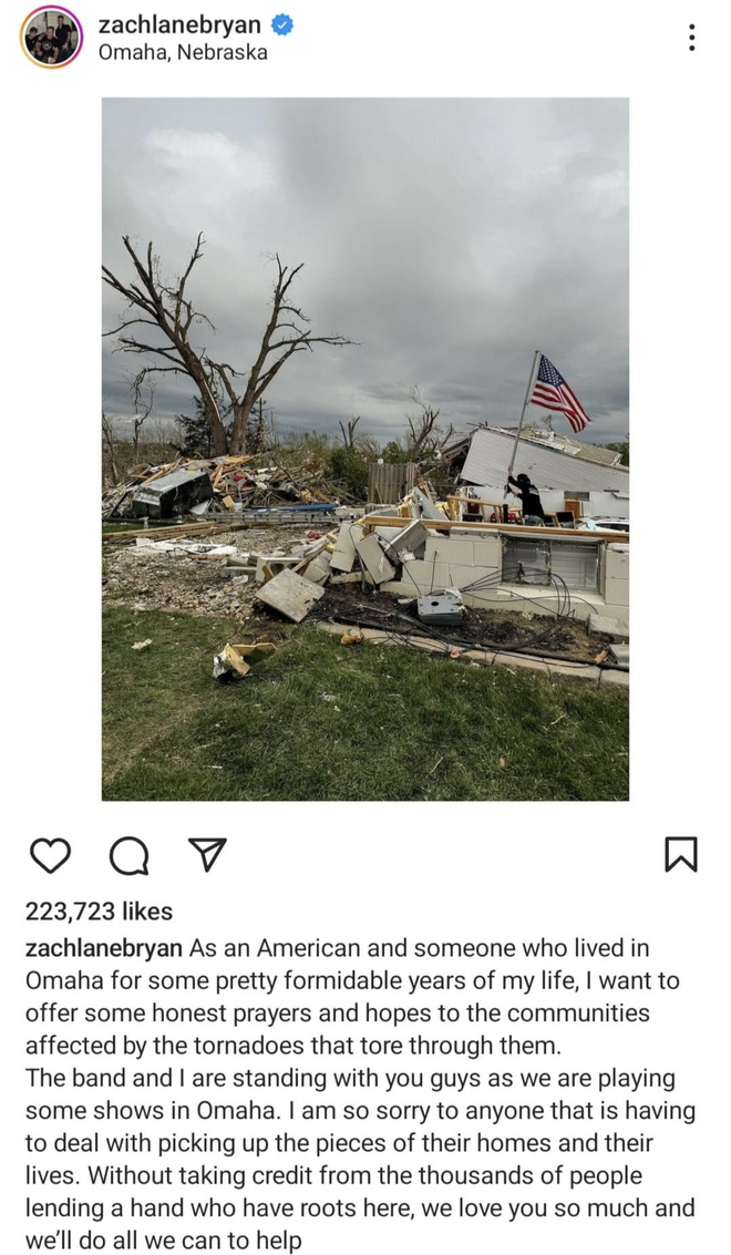 Zach Bryan ayuda a la comunidad de Elkhorn a limpiar los daños del tornado
