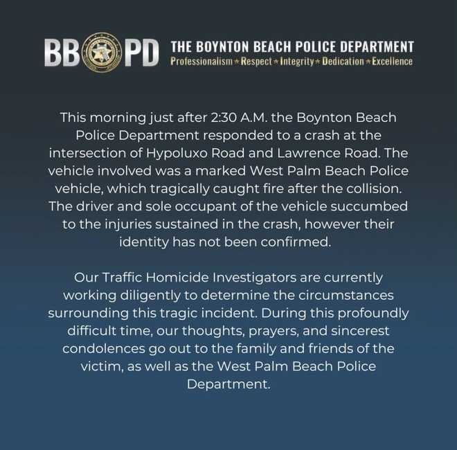 Florida police vehicle involved in fatal fiery crash in Boynton Beach