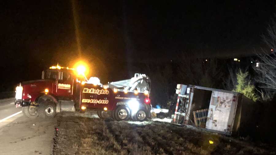 Semi-truck overturned on I-49