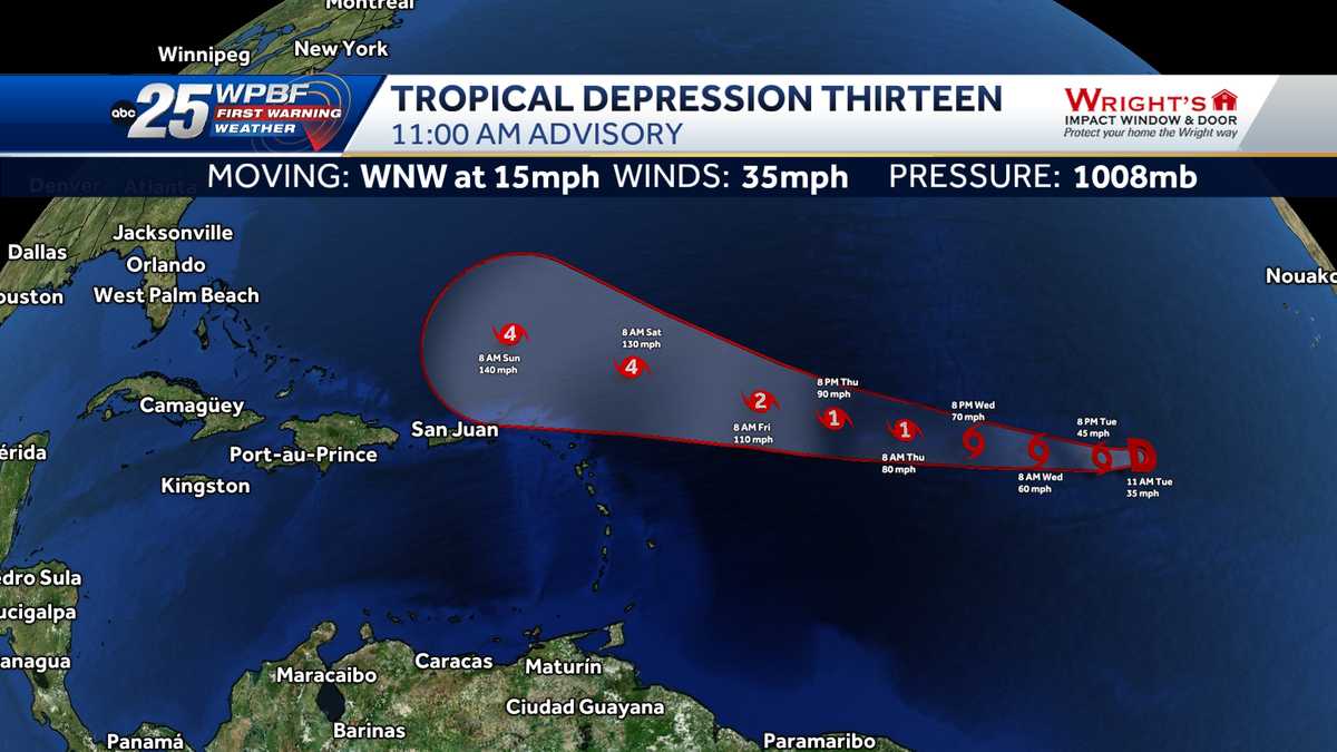 National Hurricane Center tracking Tropical Depression 13 in Atlantic  WPBF West Palm Beach