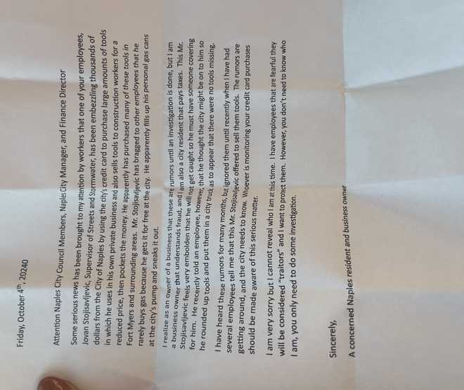 ﻿An anonymous letter shared with NBC2, which helped shed light on the investigation.