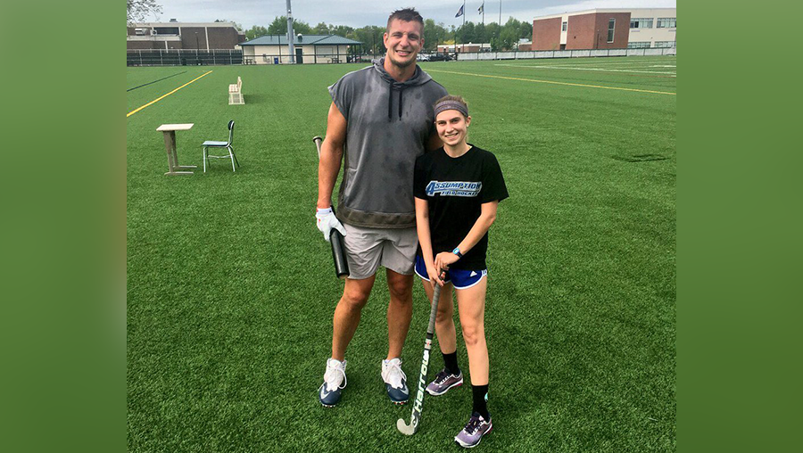 Gronk practices field hockey with Assumption College student