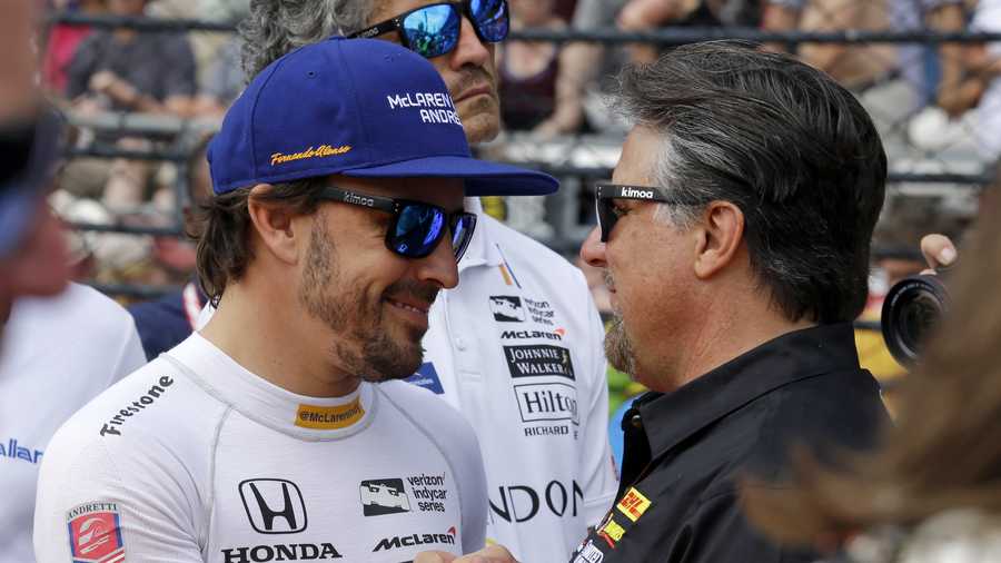 Fernando Alonso, of Spain, enter, Takuma Sato, of Japan, right and JR Hildebrand are introduced before the Indianapolis 500 auto race at Indianapolis Motor Speedway, Sunday, May 28, 2017 in Indianapolis. (AP Photo/Sam Riche) Fernando Alonso, of Spain, enter, Takuma Sato, of Japan, right and JR Hildebrand are introduced before the Indianapolis 500 auto race at Indianapolis Motor Speedway, Sunday, May 28, 2017 in Indianapolis. (AP Photo/Sam Riche)