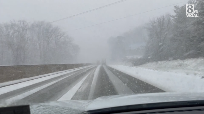 Interstate 83 in York County is snow-covered.