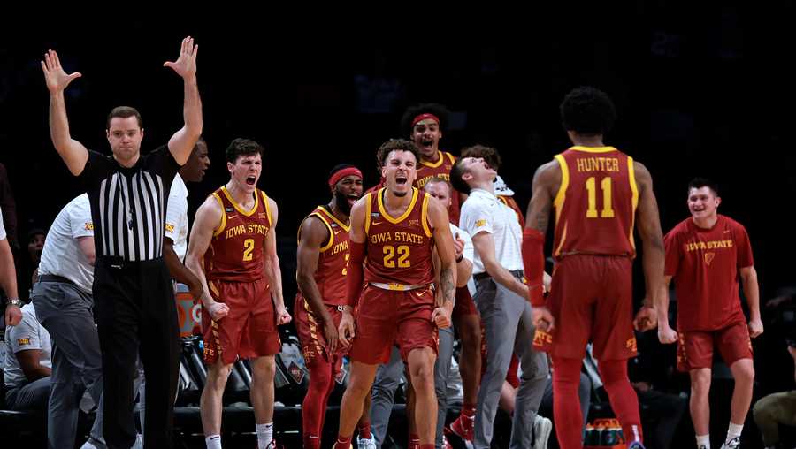 iowa state's gabe kalscheur (22) reacts after making a 3-point basket and being fouled during the second half of the team's ncaa college basketball game against memphis in the nit season tip-off tournament friday, nov. 26, 2021, in new york. iowa state won 78-59. (ap photo/adam hunger)