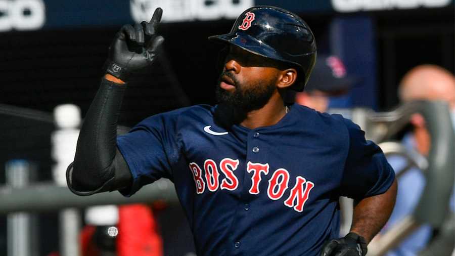 Boston Red Sox' Jackie Bradley Jr. reacts as he approaches home plate during a home run against the Atlanta Braves during the fourth inning of a baseball game Sunday, Sept. 27, 2020, in Atlanta. (AP Photo/John Amis)