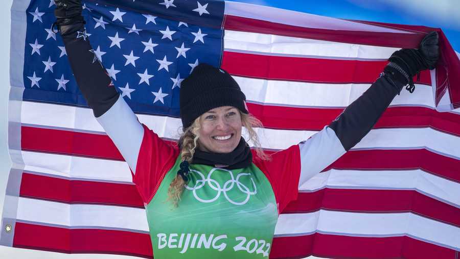Lindsey Jacobellis of the United States celebrates winning the gold medal during the  Women's Snowboard Cross at Genting Snow Park during the Winter Olympic Games on February 9th, 2022 in Zhangjiakou, China.  (Photo by Tim Clayton/Corbis via Getty Images)