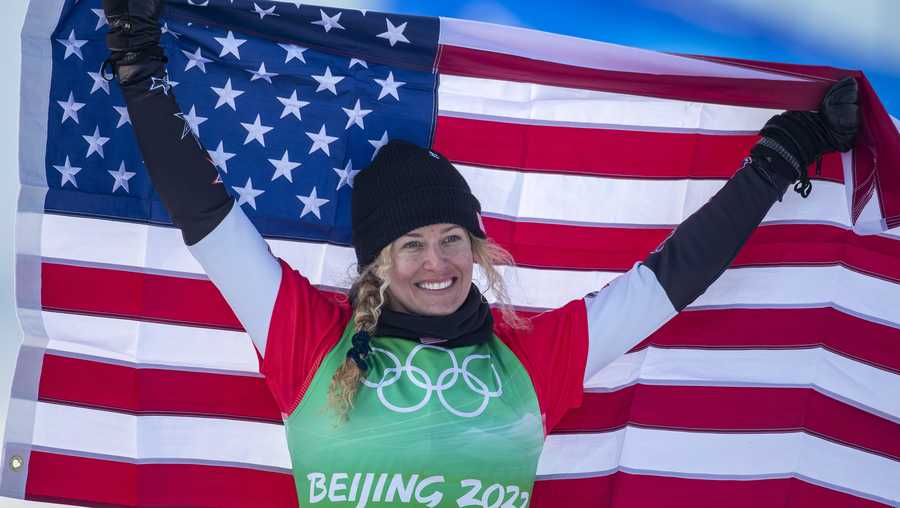 Lindsey Jacobellis of the United States celebrates winning the gold medal during the  Women's Snowboard Cross at Genting Snow Park during the Winter Olympic Games on February 9th, 2022 in Zhangjiakou, China.  (Photo by Tim Clayton/Corbis via Getty Images)