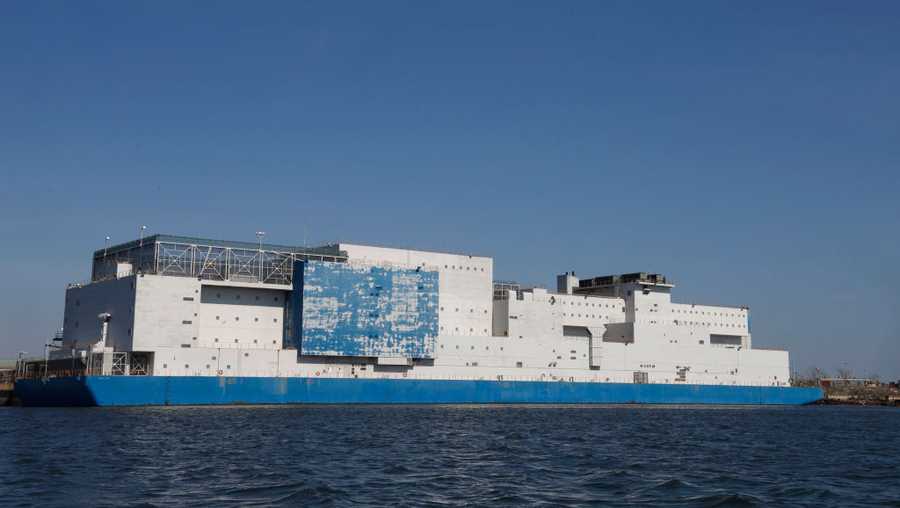 The Vernon C. Bain Center, a jail built on a barge sits in the East River across from the Rikers Correctional Center on March 9, 2021 in New York City.