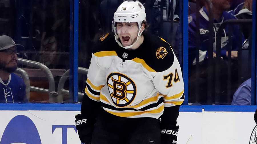 Boston Bruins left wing Jake DeBrusk (74) celebrates his goal against the Tampa Bay Lightning with right wing Chris Wagner (14) during the second period of an NHL hockey game Tuesday, March 3, 2020, in Tampa, Fla. (AP Photo/Chris O'Meara)