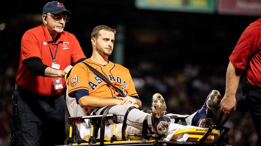 Jake Odorizzi #17 of the Houston Astros reacts as he is removed from the game after an injury during the fifth inning of a game against the Boston Red Sox on May 16, 2022 at Fenway Park in Boston, Massachusetts.