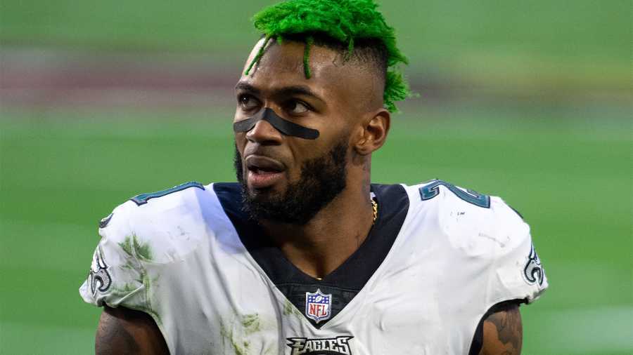 Philadelphia Eagles strong safety Jalen Mills (21) reacts while walking off the field at half time during an NFL football game against the Arizona Cardinals, Sunday, Dec. 20, 2020, in Glendale, Ariz. (AP Photo)