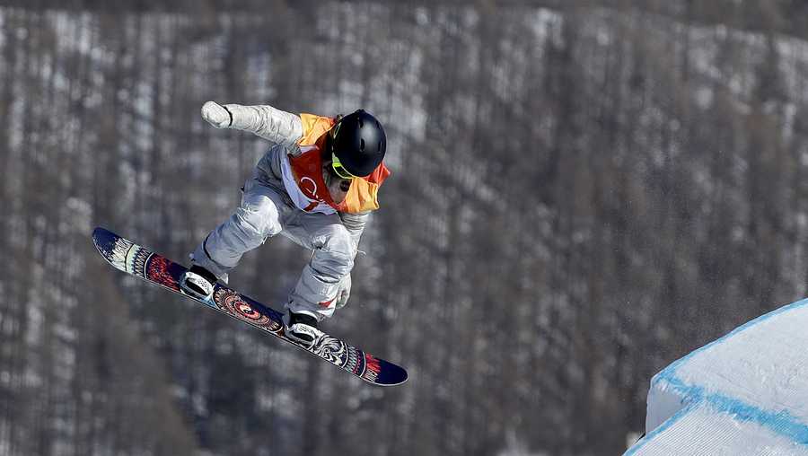 Jamie Anderson, of the United States, jumps during the women's slopestyle final at Phoenix Snow Park at the 2018 Winter Olympics in Pyeongchang, South Korea, Monday, Feb. 12, 2018.