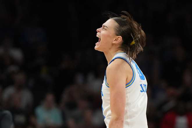 UCLA guard Gabriela Jaquez (11) celebrates after a play against South Carolina during the second half of the women's National Championship Final Four NCAA college basketball tournament game, Sunday, April 5, 2026, in Phoenix.