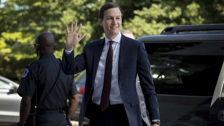 White House senior adviser Jared Kushner waves as he arrives on Capitol Hill in Washington, Monday, July 24, 2017