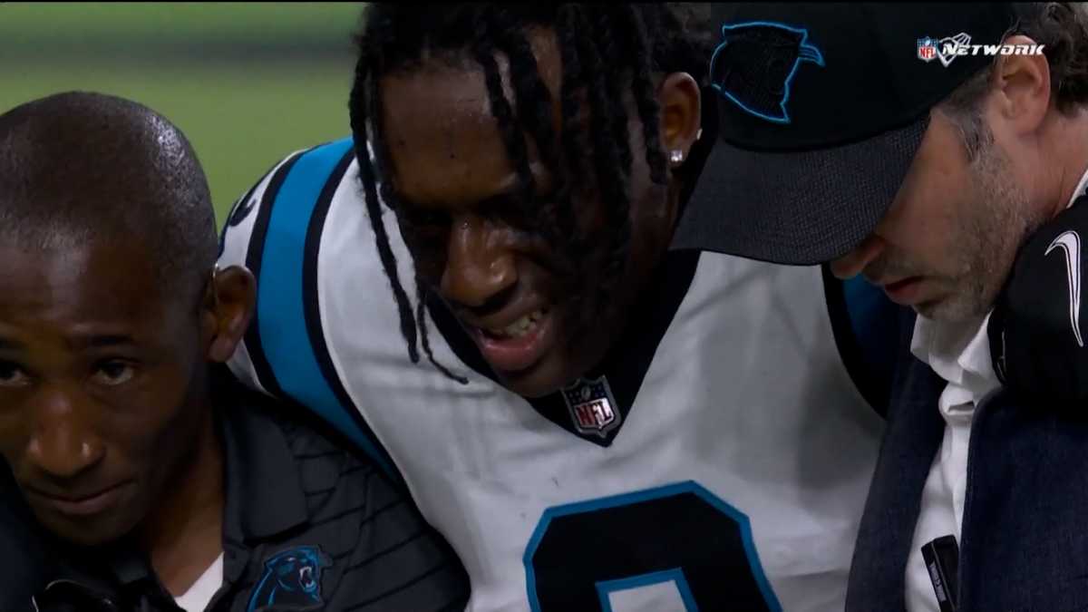 Carolina Panthers cornerback Jaycee Horn (8) runs after an