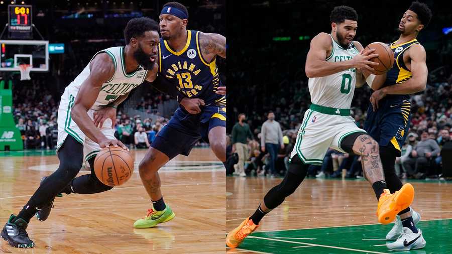 In the photo on the left, Boston Celtics guard Jaylen Brown (7) drives to the basket against Indiana Pacers forward Torrey Craig (13) during the first half of an NBA basketball game, Monday, Jan. 10, 2022, in Boston. In the photo on the right, Boston Celtics forward Jayson Tatum (0) drives to the basket against Indiana Pacers guard Jeremy Lamb, right, during the first half of the same game.