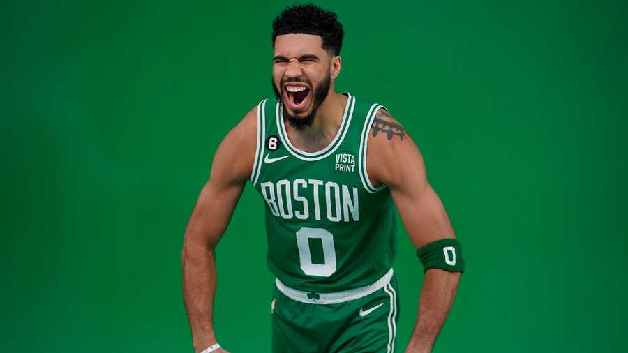 Boston Celtics forward Jayson Tatum poses for a photo during the NBA basketball team's Media Day, Monday, Sept. 26, 2022, in Canton, Mass.