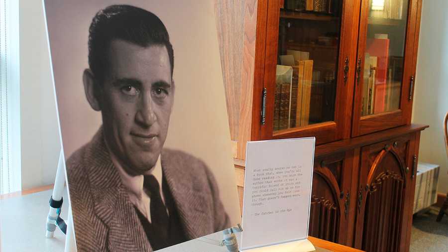 A previously unseen photo of author J.D. Salinger is displayed at the University of New Hampshire in Durham, N.H., on Tuesday, Jan. 22, 2019. The photos taken for the book jacket of Salinger's 1951 novel, "Catcher in the Rye," were among nearly 50,000 images bequeathed to the university by German photographer Lotte Jacobi.