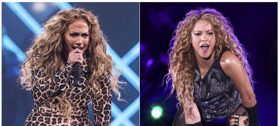 This combination photo shows actress-singer Jennifer Lopez performing at the Directv Super Saturday Night in Minneapolis on Feb. 3, 2018, left, and Shakira performing at Madison Square Garden in New York on Aug. 10, 2018. The NFL, Pepsi and Roc Nation announced Thursday, Sept. 26, 2019, that Lopez and Shakira will perform at the 2020 Pepsi Super Bowl Halftime Show on Feb. 2, 2020 at Hard Rock Stadium in Miami Gardens, Fla.