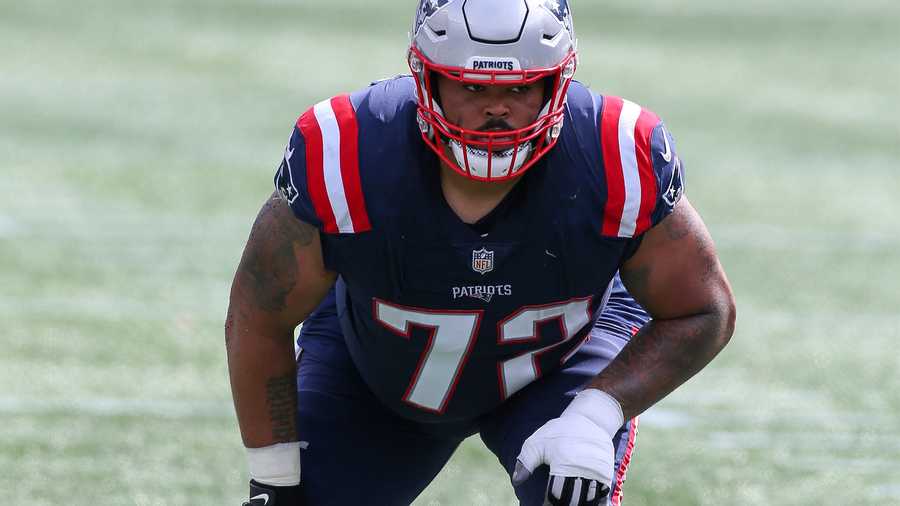 New England Patriots offensive lineman Jermaine Eluemunor (72) during the first half of an NFL football game against the Las Vegas Raiders, Sunday, Sept. 27, 2020, in Foxborough, Mass. (AP Photo/Stew Milne)