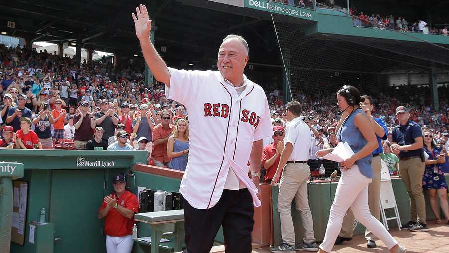 In this Aug. 20, 2017, file photo, Boston Red Sox broadcaster Jerry Remy waves as he is honored for his 30 years in the broadcast booth at Fenway Park, before a baseball game between the New York Yankees and the Red Sox, Sunday, Aug. 20, 2017, in Boston. (AP Photo)