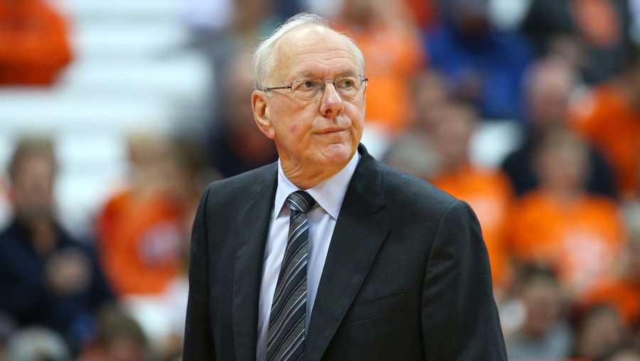 Head coach Jim Boeheim of the Syracuse Orange reacts to a play against the Eastern Washington Eagles during the second half at the Carrier Dome on November 06, 2018 in Syracuse, New York.
