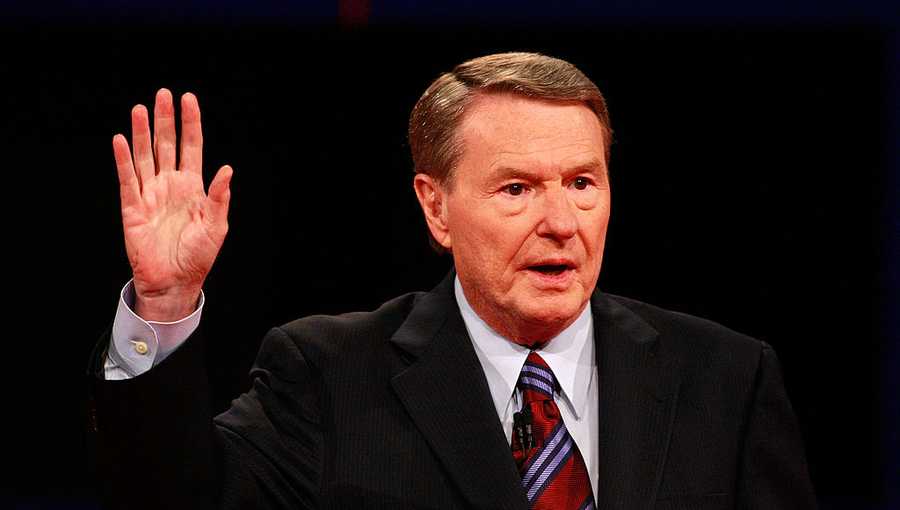 Debate moderator Jim Lehrer speaks prior to the start of the first of three presidential debates before the 2008 election September 26, 2008 in the Gertrude Castellow Ford Center at the University of Mississippi in Oxford, Mississippi.