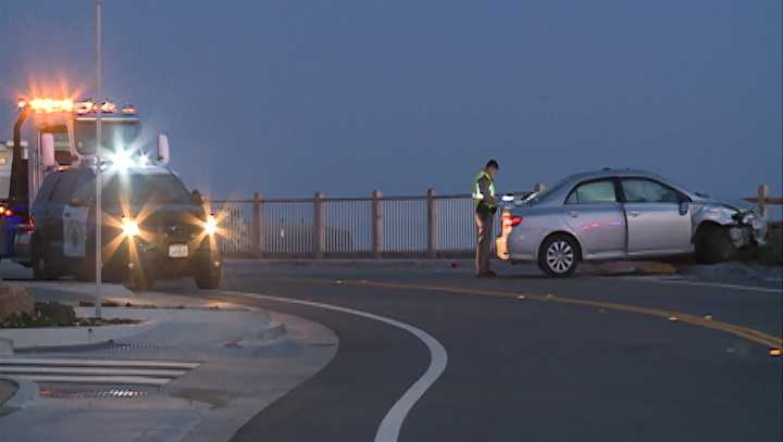 CHP Officer taking a report after a suspected drunk driver hit 3 pedestrians and a parked car.