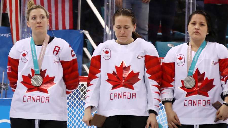 Jocelyne Larocque #3 of Canada refuses to wear her silver medal after losing to the United States in the Women's Gold Medal Game on day thirteen of the PyeongChang 2018 Winter Olympic Games