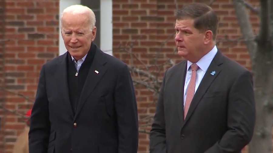 Joe Biden, left, and Boston Mayor Marty Walsh at a Boston rally for striking Stop & Shop workers on April 18, 2019.