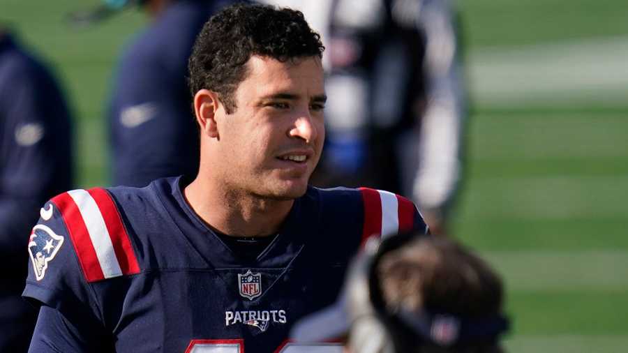 New England Patriots long snapper Joe Cardona watches from the sideline in the second half of an NFL football game against the Denver Broncos, Sunday, Oct. 18, 2020, in Foxborough, Mass. (AP Photo)