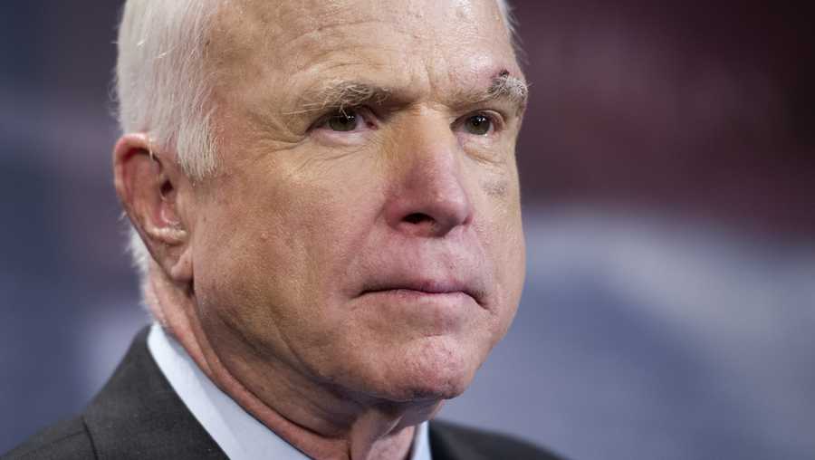 Sen. John McCain, R-Ariz., speaks to reporters on Capitol Hill in Washington, Thursday, July 27, 2017.