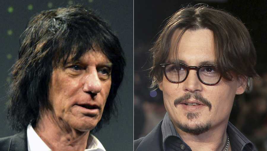 Jeff Beck appears at the 59th Ivor Novello Awards in London on May 22, 2014, left, and Johnny Depp appears at the European premiere of their film, "The Rum Diary," in London on Nov. 3, 2011. Beck and Depp will release "18," an album releasing July 15. (AP Photo)