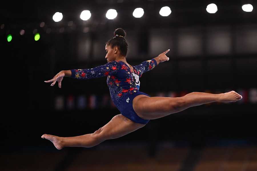 GYMNASTICS-OLY-2020-2021-TOKYO USA's Jordan Chiles competes in the artistic gymnastics balance beam event of the women's qualification during the Tokyo 2020 Olympic Games at the Ariake Gymnastics Centre in Tokyo on July 25, 2021. (Photo by Loic VENANCE / AFP) (Photo by LOIC VENANCE/AFP via Getty Images)