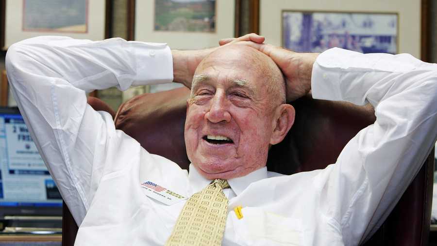 In this Tuesday, July 26, 2005, file photo, Waffle House co-founder Joseph Wilson Rogers Sr., sits in his office in the Waffle House headquarters in Norcross, Ga. Georgia-based Waffle House said Rogers died Friday, March 3, 2017. He was 97.
