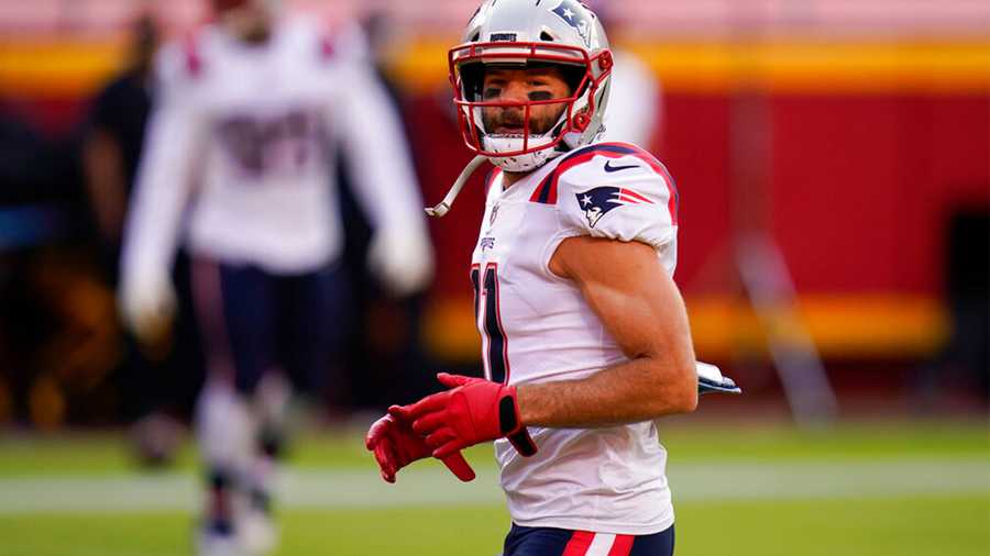 New England Patriots wide receiver Julian Edelman warms up before an NFL football game against the Kansas City Chiefs, Monday, Oct. 5, 2020, in Kansas City. (AP Photo/Jeff Roberson)