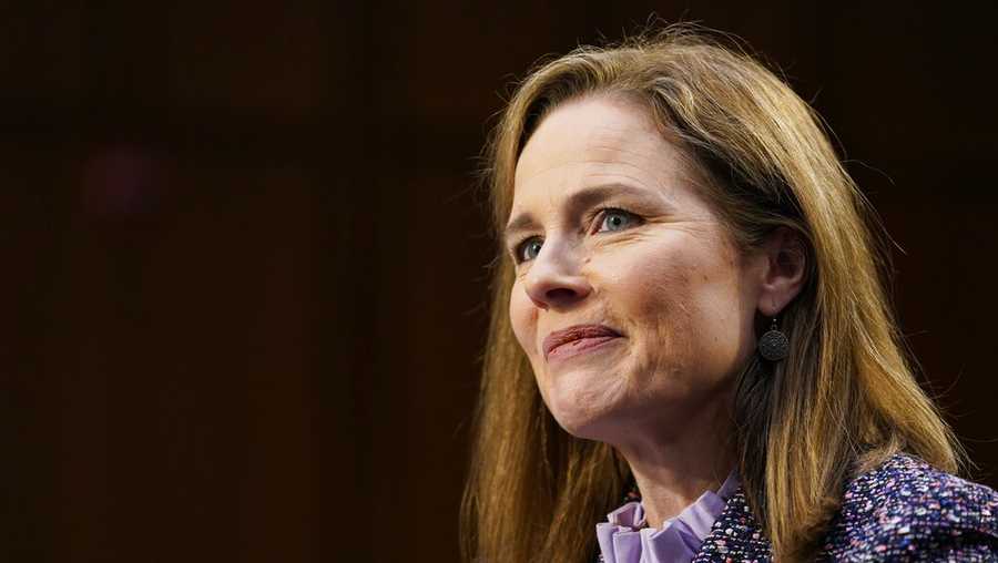 In this Oct. 14, 2020 file photo, Supreme Court nominee Amy Coney Barrett speaks during a confirmation hearing before the Senate Judiciary Committee, on Capitol Hill in Washington.