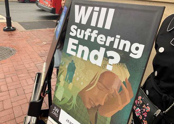 A Jehovah’s Witnesses pamphlet on display near a subway station in downtown Washington, D.C.