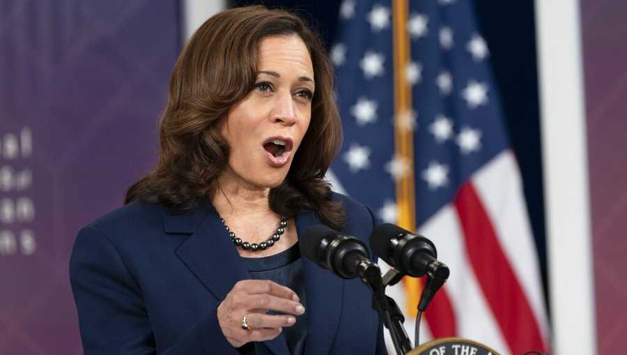 Vice President Kamala Harris speaks to the National Congress of American Indians&apos; 78th Annual Convention, Tuesday, Oct. 12, 2021, from the South Court Auditorium on the White House complex in Washington. (AP Photo/Jacquelyn Martin)
