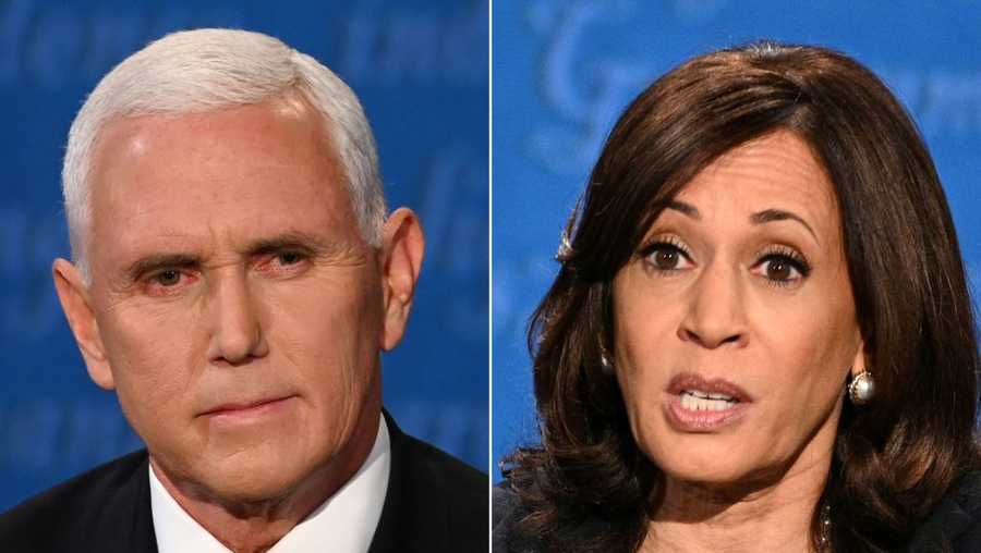 This combination of pictures created on October 07, 2020 shows Vice President Mike Pence and Democratic vice presidential nominee and Senator from California Kamala Harris during the vice presidential debate in Kingsbury Hall at the University of Utah on October 7, 2020, in Salt Lake City, Utah.