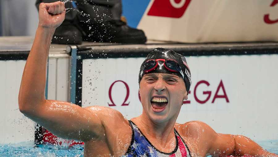Katie Ledecky, of the United States, reacts after winning the women's 1500-meters freestyle final at the 2020 Summer Olympics, Wednesday, July 28, 2021, in Tokyo, Japan. (AP Photo/Matthias Schrader)