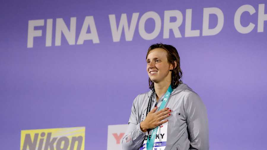 BUDAPEST, HUNGARY - JUNE 20: Gold medalist Katie Ledecky of the United States after the Women's 1500m Freestyle Final during the FINA World Aquatics Championships Swimming at the Duna Arena on June 20, 2022 in Budapest, Hungary (Photo by Nikola Krstic/BSR Agency/Getty Images)