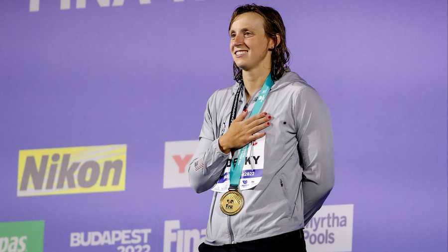 BUDAPEST, HUNGARY - JUNE 20: Gold medalist Katie Ledecky of the United States after the Women's 1500m Freestyle Final during the FINA World Aquatics Championships Swimming at the Duna Arena on June 20, 2022 in Budapest, Hungary (Photo by Nikola Krstic/BSR Agency/Getty Images)
