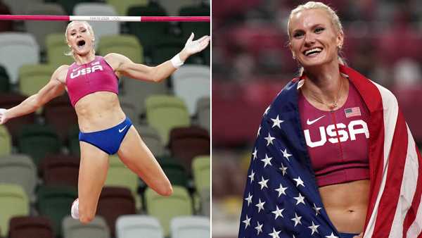 gold medalist katie nageotte celebrates after winning the final of the women's pole vault at the 2020 summer olympics, thursday, aug. 5, 2021, in tokyo. (ap photo/francisco seco)